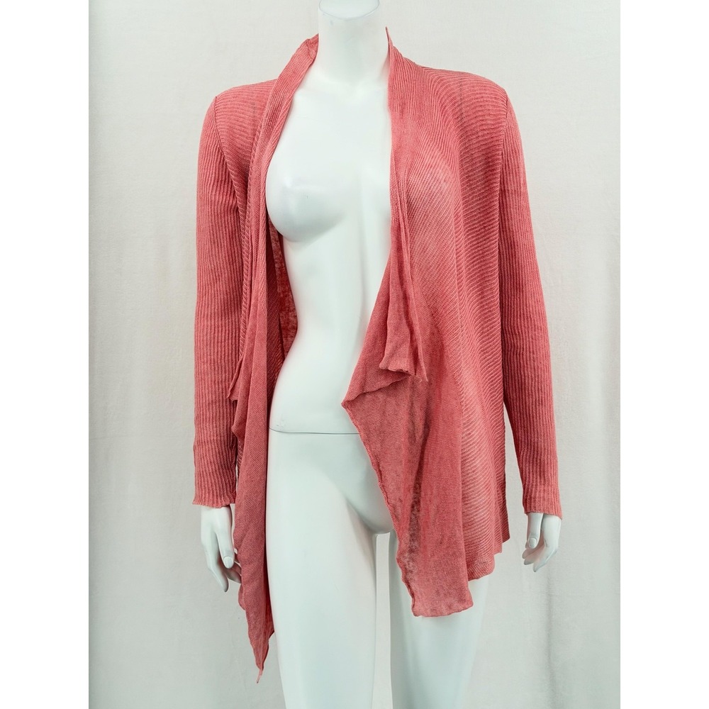 Eileen Fisher Sweater Womens Small Salmon 100% Linen Open Front Cardigan Beachy